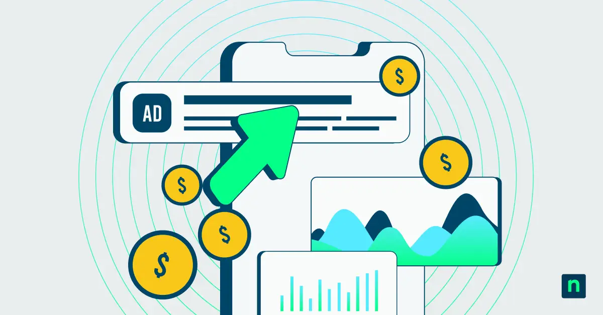 An illustration of an advertisement surrounded by dollar signs representing a blog post on paid advertising for MSPs