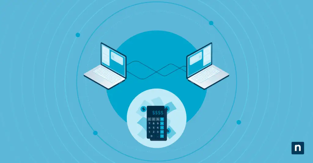 MSP Sales Process Guide: Steps & Examples An illustration of laptops connected to a calculator with dollar signs representing a blog post on MSP sales process
