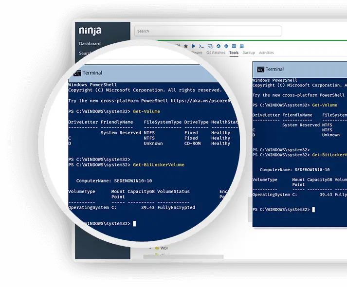 Screenshot dello zoom sugli strumenti remoti Powershell dal software di gestione degli endpoint