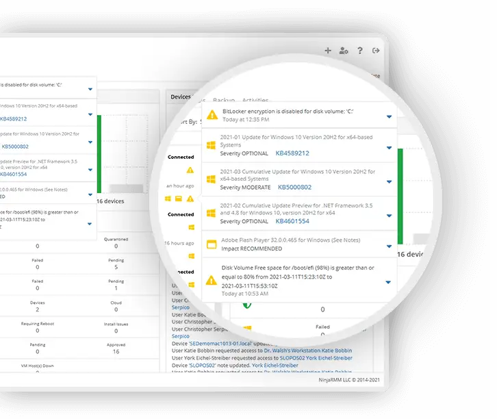 Screenshot dello zoom sul menu avvisi del software di gestione degli endpoint