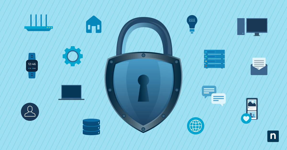 Illustrazione con uno scudo e vari dispositivi IoT che rappresentano, Come proteggere i dispositivi IoT