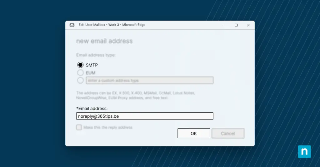 Instructions on how to add an email alias within Active Directory (AD) Screenshot of the UI when adding a new email alias within Active Directory