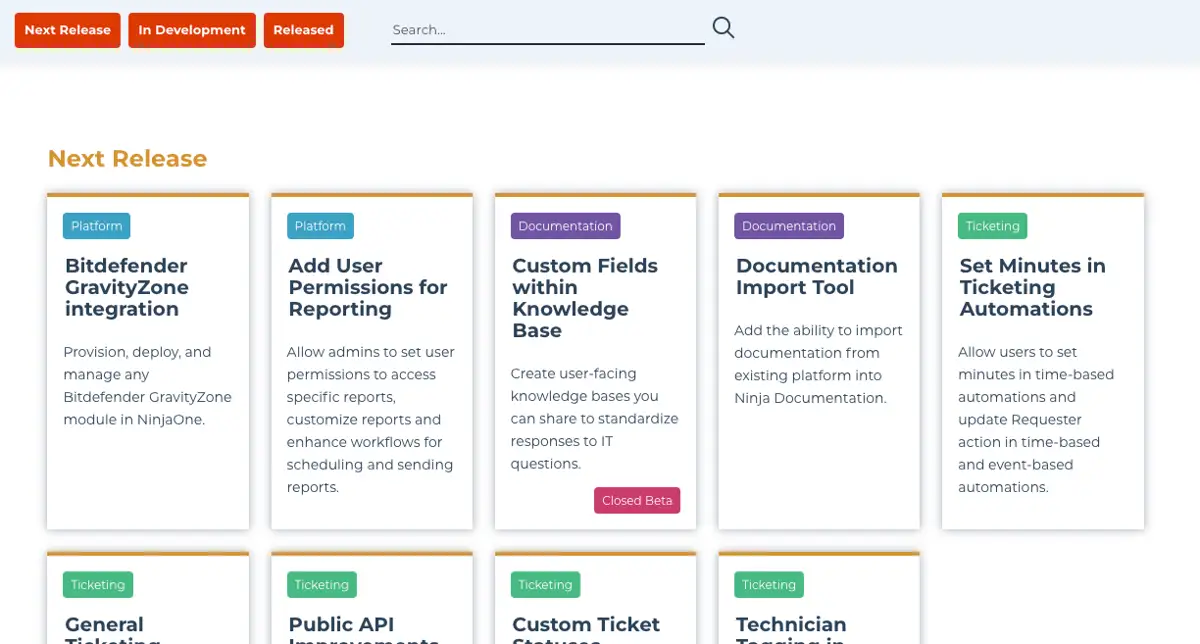 NinjaOne Product Roadmap screenshot