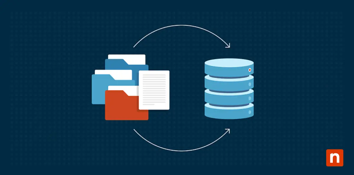 Illustration of paper documents and a database representing digital transformation strategy in IT