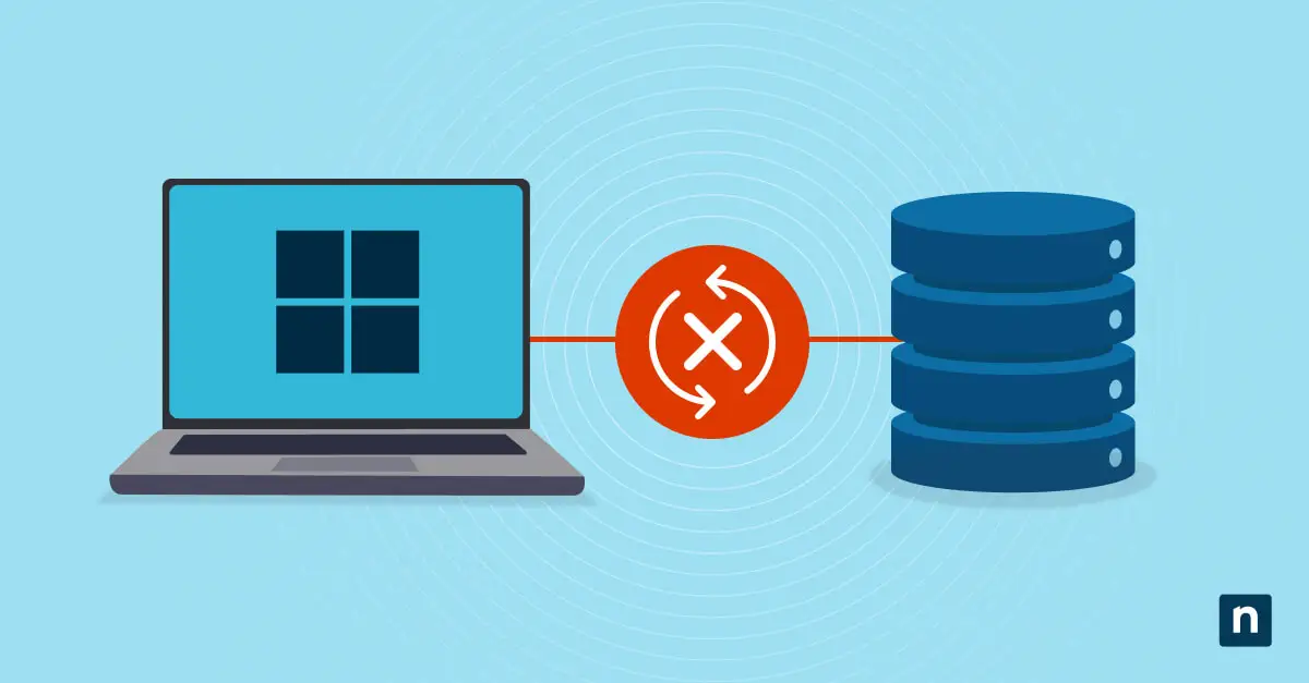 Laptop illustration with a Windows logo and an icon representing disabling Windows updates