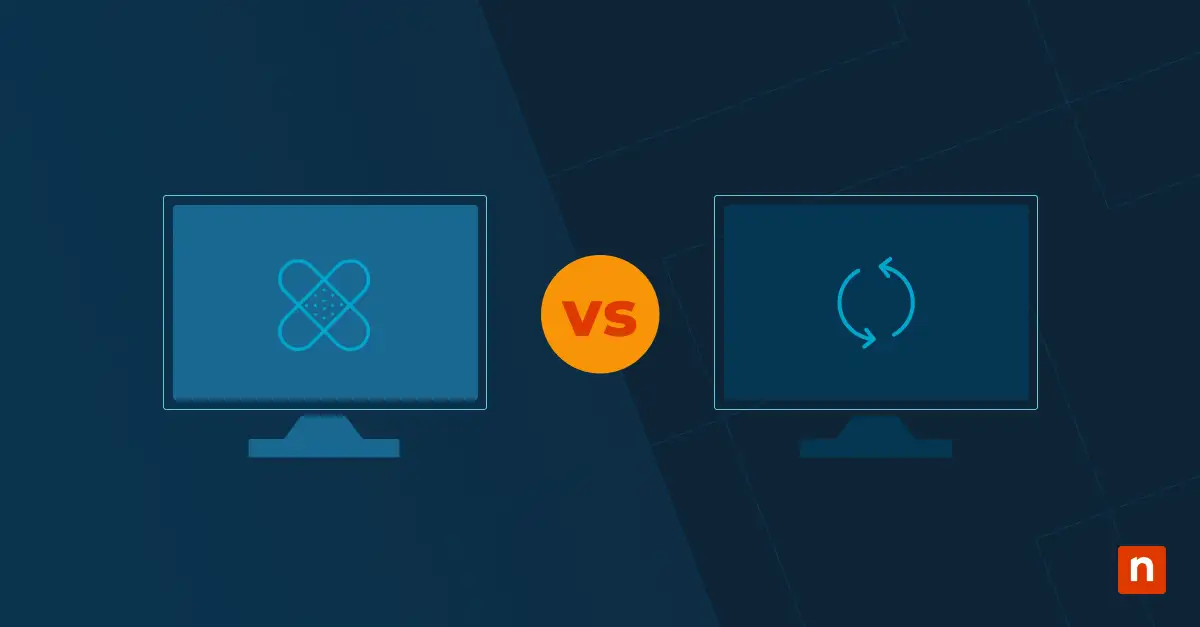 Illustrations of devices with icons representing a patch vs update as it relates to endpoints
