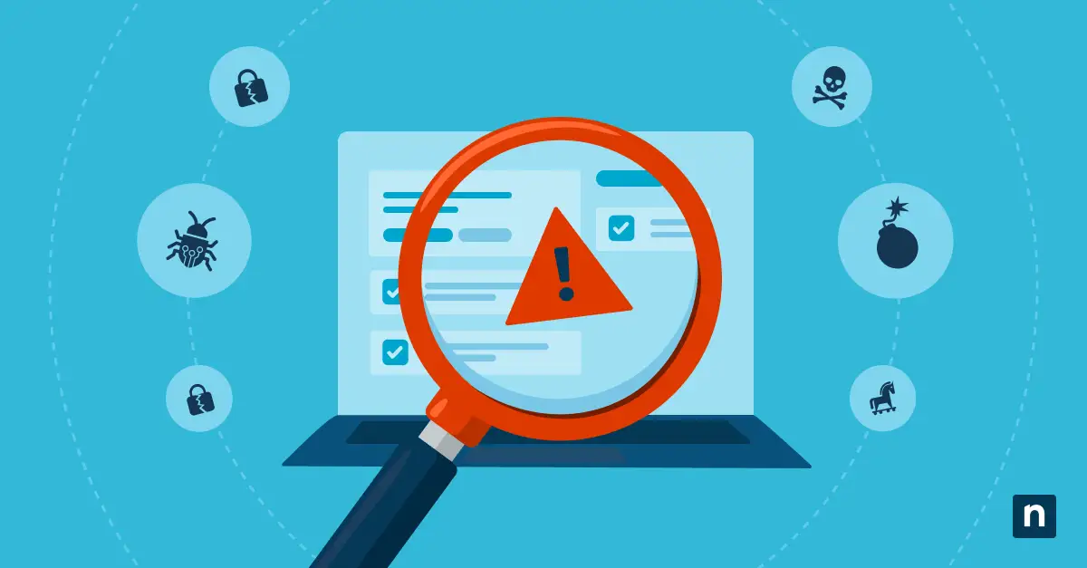 A caution sign inside a magnifying glass is in front of a computer for a blog about vulnerability prioritization