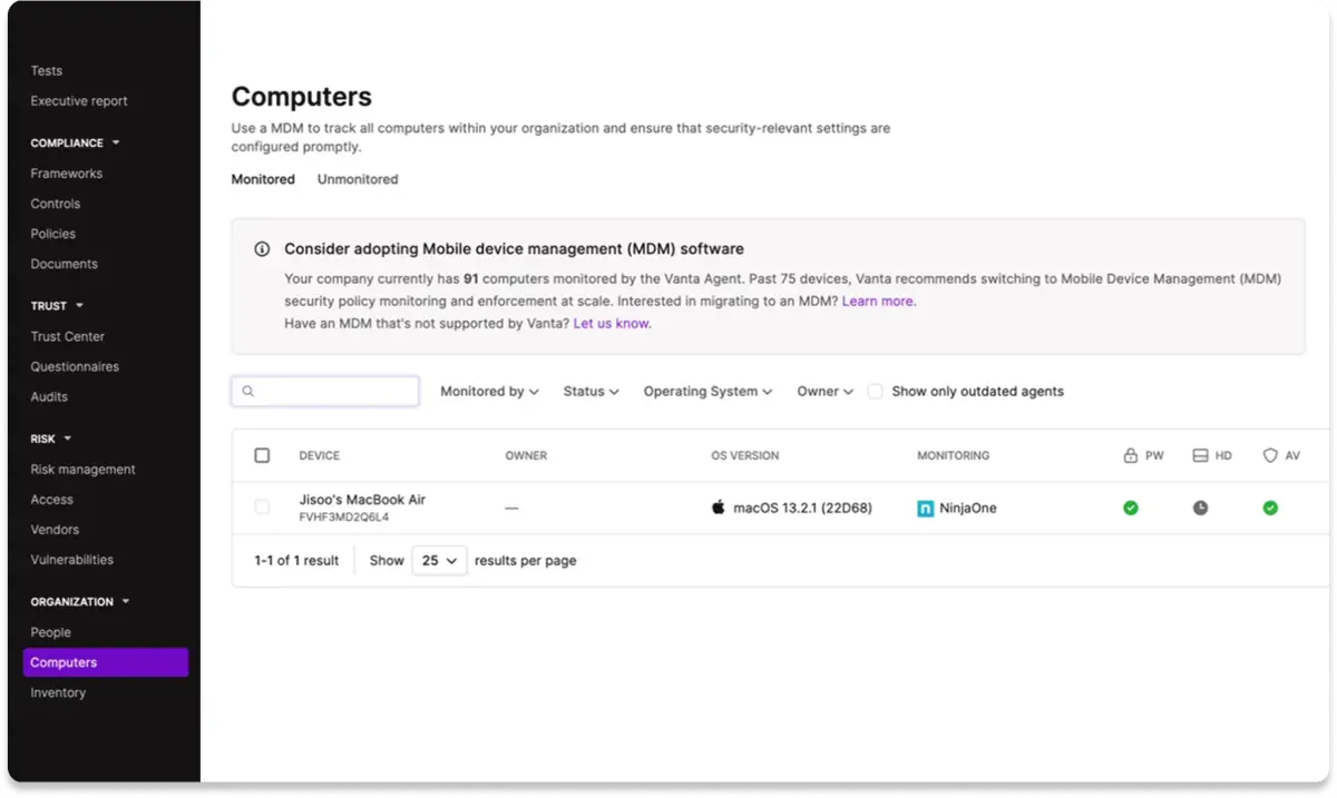 Screenshot of vanta dashboard