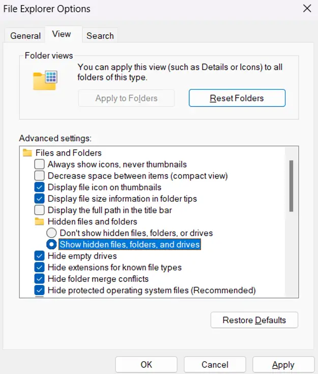In Advanced settings, look for Files and Folders, Hidden files and folders, then choose Show hidden files, folde
