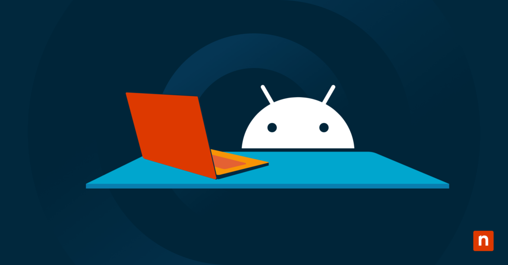What is Android Enterprise? An image of the Android mascot with a laptop for the blog "What is Android Enterprise?"