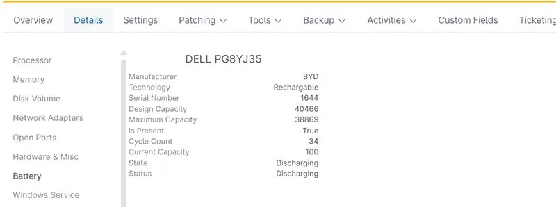 Captura de pantalla que muestra los detalles de la batería del dispositivo