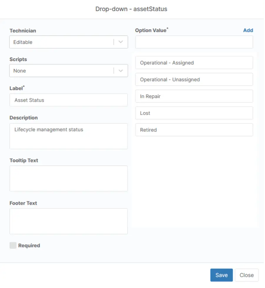 capture d'écran de la configuration des champs personnalisés de la gestion des actifs informatiques