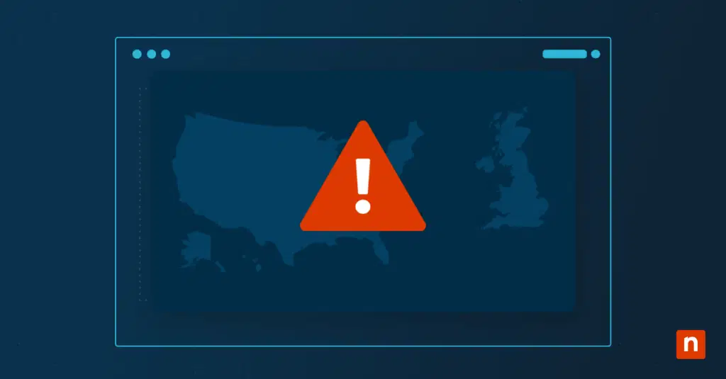 A graphic with an illustration of a red exclamation mark over a map representing Cybercrime & Cybersecurity Statistics for the US & UK