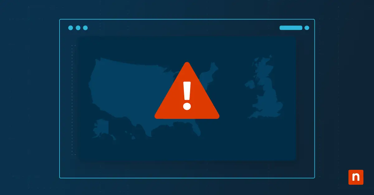 A graphic with an illustration of a red exclamation mark over a map representing Cybercrime & Cybersecurity Statistics for the US & UK