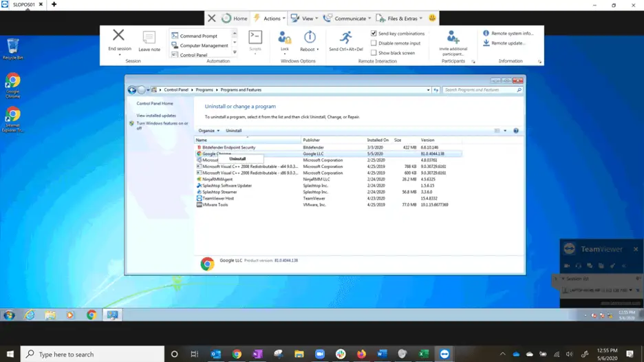 desinstalação de software por meio de acesso remoto