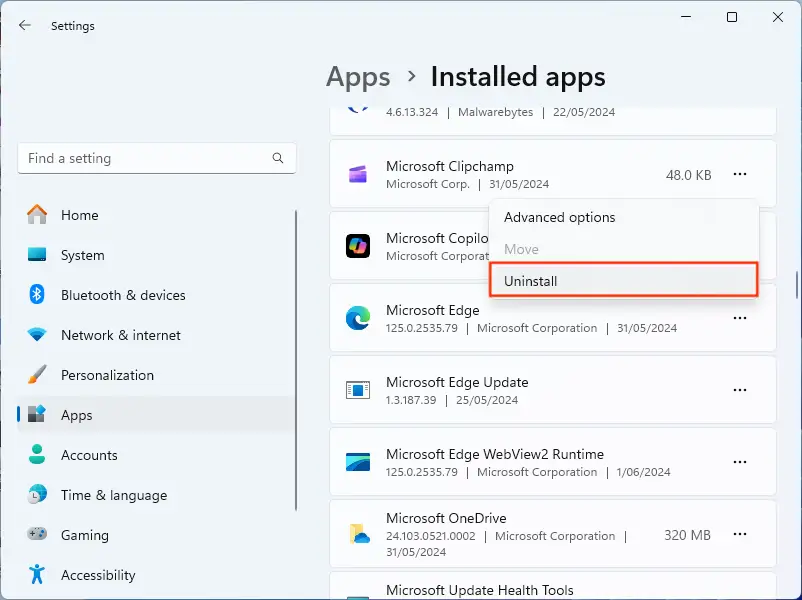 The apps window for the blog How to Find & Remove Bloatware from Windows 11