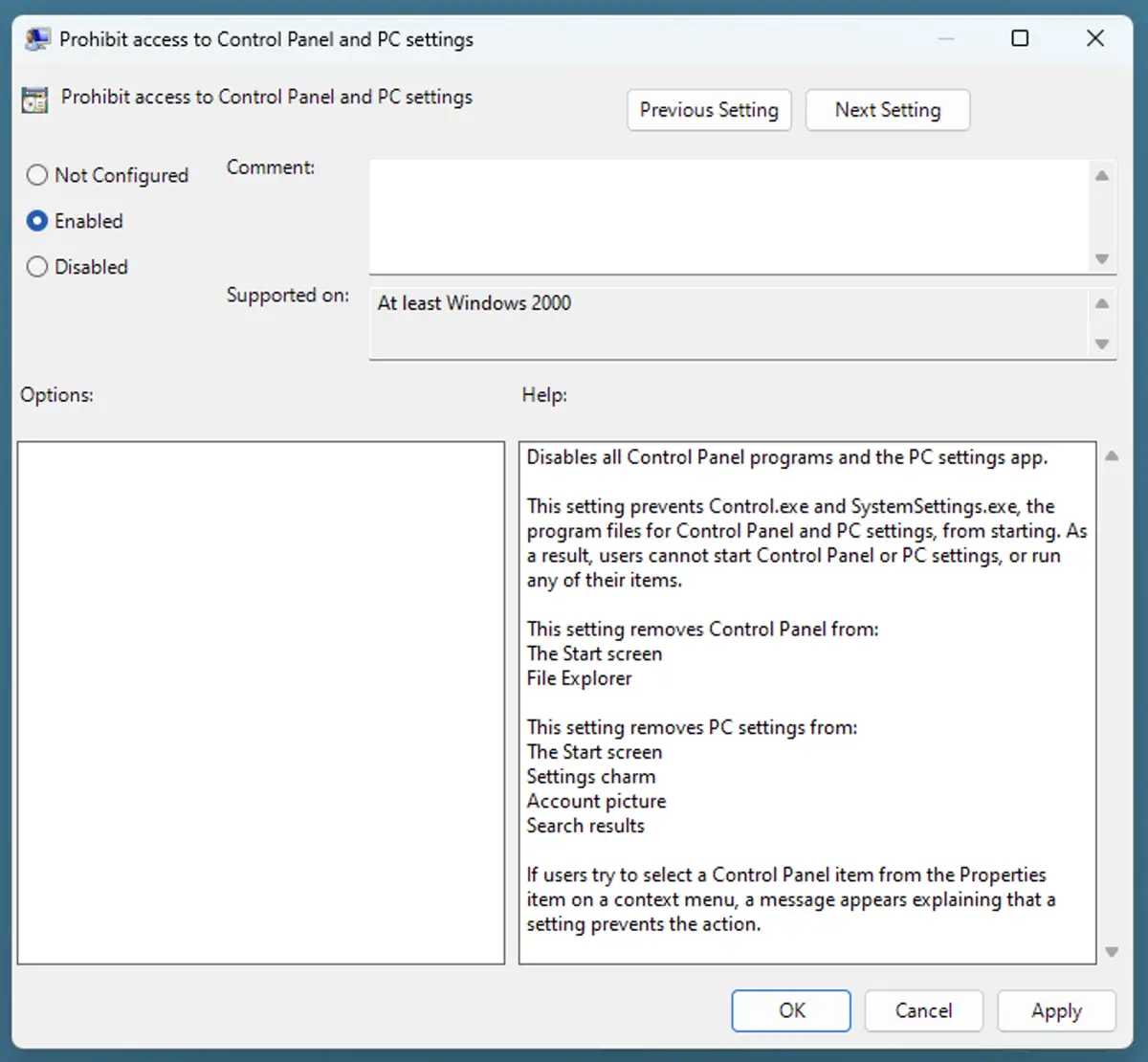 Prohibir el acceso al Panel de control y a la configuración de PC