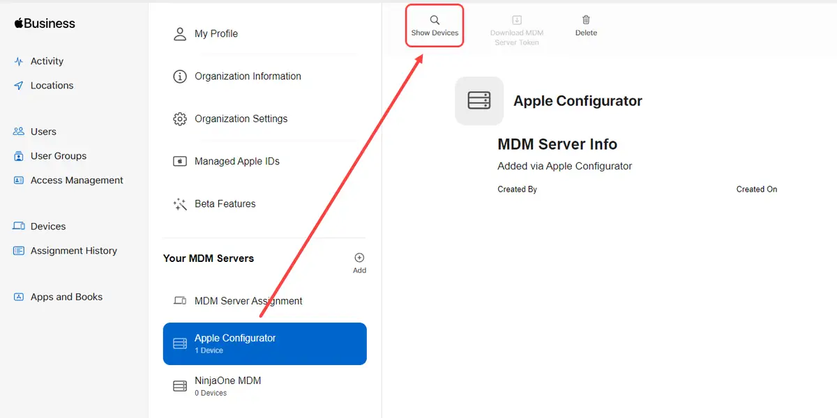 Click Apple Configurator and then Show Devices.