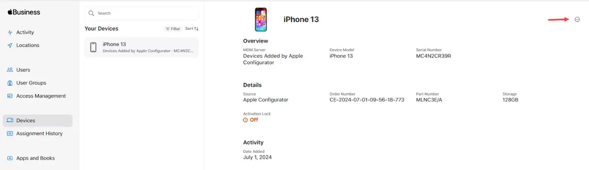 The device properties appear. Click the three dots on the right of the screen.