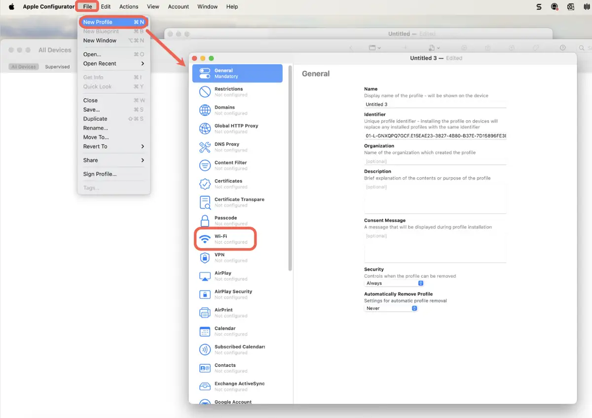 What is MDM for IOS devices? MDM for IOS refers to Mobile Device management specific for Apple devices running the iOS operating system, in other words, MDM for iPhone, running is supervised mode to have complete control over the device. This document focuses on enrolling an iPhone device in supervised mode in NinjaOne. What are the pre-requisites to enroll an iPhone in supervised mode in NinjaOne? The enroll an iPhone in supervised mode in NinjaOne there are several pre-requisites, which are listed next: MDM for Apple devices should be enabled in NinjaOne. See this document for explanation on this enablement. (Put a link here to the iOS supervised mode document) A verified Apple Business Manager or Apple School Manager account. Here is a link to the Apple Business Manager User Guide. If you are obtaining such an account for the first time, consider that obtaining this account may take several days or even weeks. A Mac computer, iPad, or an iPhone different than the one being enrolled with the Apple Configuration app installed. A USB cable to connect the iPhone being enrolled to the Mac computer or iPad. A Wi-Fi network with Internet access. How to enroll a brand-new iPhone in NinjaOne? An Apple reseller can enroll a new iPhone device in NinjaOne; They have the means to register the device in Apple Business Manager (ABM) or Apple School Manager (ASM). You must provide the reseller with your organization information to enter device information. When the device is turned on for the first time and connected to the Internet, it will automatically enroll in your organization in ABM or ASM. You only need to synchronize ABM (or ASM) with NinjaOne, which will be explained later in this document. How to enroll an existing (not brand-new) iPhone in NinjaOne? For an existing device, you must enroll it using a Mac computer, iPad, or iPhone, different than the one you are enrolling, using the Apple Configurator app. There are three steps to accomplish this enrollment. Follow the instructions below to enroll an existing iPhone device to NinjaOne using a Mac computer (if instead of a Mac computer you are using an iPad or an iPhone, the only difference is the way the two devices connect. A Mac computer uses a USB cable, while the mobile devices use NFC or the barcode reader). Step 1: import the iPhone device into Apple Business Manager. On the Mac computer, open the Apple Configurator app. If this is the first time you are enrolling an iPhone device, you must create a new Wi-Fi profile. This profile is used by the iPhone to connect to the Internet and communicate with ABM (or ASM). If the Wi-Fi profile is already created, you can skip this step. On Apple Configurator, select File and then New Profile. Under General, give the profile a name. Under Wi-Fi, configure Wi-Fi settings for the Wi-Fi used in the location you are working in. (See below screenshot for reference) Select File and then Save. Give a name for the profile file, choose a location, and click Save. For this example, we named it ABM Wi-Fi initial config. Connect the iPhone to the Mac computer using a USB cable. After Apple Configurator connects to the iPhone, the iPhone device appears on the screen. (See below screen for reference). Click the iPhone device image to ensure it´s highlighted. Click Prepare on the top menu. (See below image for reference). The Prepare Devices dialog box appears. Under Prepare with, choose Manual configuration, and select Add to Apple School Manager or Apple Business manager, and Allow devices to pair with other computers, as indicated in the screenshot below, then click Next. Select New Server on the next screen as indicated in the screenshot below: In the next screen, in the name, type NinjaOne. We are not directly enrolling to NinjaOne, but something needs to be entered, otherwise Apple Configurator will not allow us to continue. Don´t change anything in the host name or URL and click Next. An expected error will show in the screen, ignore it, and click Next. You will be asked to add a trust anchor certificate for the MDM server, click Next. Even if some options are shown, just click Next. Provide your administrator credentials for ABM or ASM and click next. Upon a successful sign in, you will be asked if a new supervision identity will be generated or choose an existing one. Select Generate a new supervision identity. You now will be asked to select the steps that will be presented to the user in Setup Assistant, here you can just click Next. Choose the network Profile. In the step, choose the profile you created on step 2. Click Prepare. Now, Apple Configurator will prepare the iPhone device and import it into ABM (or ASM). This process may take some minutes. Step 2: Move the iPhone device from Apple Configurator to your MDM server. In ABM (or ASM). Sign in to your ABM account using your administrator credentials. Click your organization name on the bottom left of the screen and select Preferences. Under apple Configurator you can see that there is one device. Click Apple Configurator and then Show Devices. The iPhone device we added in the previous step appears under Your Devices. Click on it. The device properties appear. Click the three dots on the right of the screen. Select Edit MDM Server. Choose Assign to the following MDM and make sure your MDM server is selected. Your MDM server name is the one you selected when you enabled Automated Device Enrollment (ADE). For this example, the MDM server name is NinjaOne MDM, then click continue. A warning message appears, click confirm. After some seconds, a confirmation message appears. Click your organization name on the bottom left of the screen and select Preferences. You can see that the device that was showing under Apple Configurator, has now moved under your MDM server. Step 3: Synchronize NinjaOne with ABM (or ASM). Sign in to your NinjaOne account and go to Administration, then Apps, then Installed. Click NinjaOne MDM. Click Actions in front of Automatic Device Enrollment (ADE). Select Edit profile & devices. The Automatic Device Enrollment dialog box appears. Click Devices on the left. Click Sync with ABM (See below screenshot for reference) The iPhone device now appears. Click Close. Now it's time to go to the iPhone device and complete the initial setup. The initial setup steps will be those for the enrollment profile you edited earlier. Once the initial setup is complete and the device is connected to the Internet, it will appear on the device dashboard.