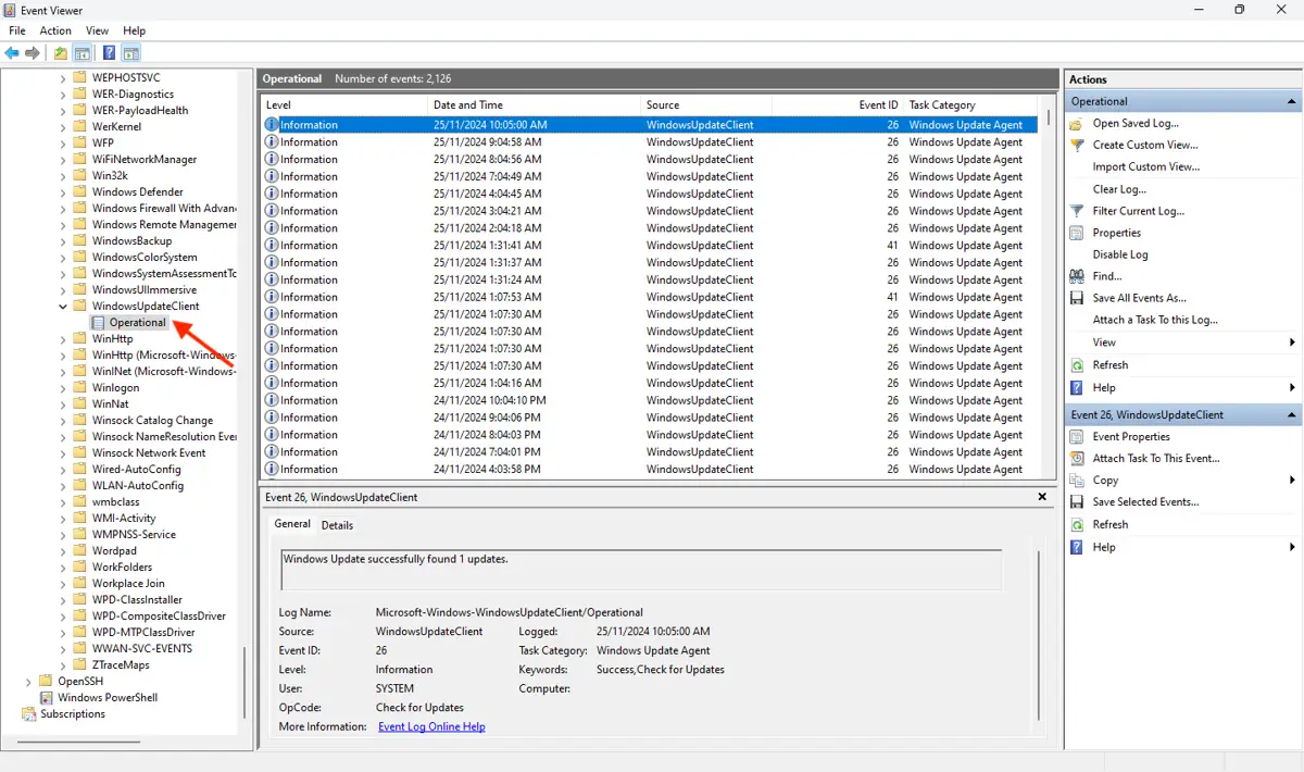 Cliquez sur Operational pour afficher les événements Windows Update dans le journal
