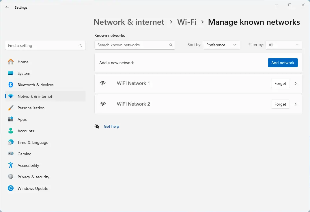 Opción Administrar redes conocidas en la Configuración de Windows 11