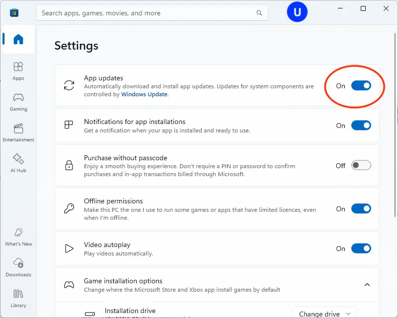 Cambia Actualizaciones de aplicaciones a Desactivado