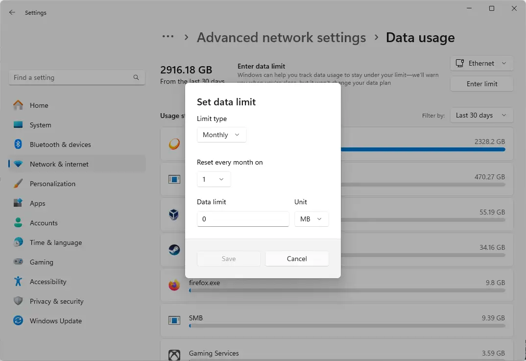Establecer el límite de datos