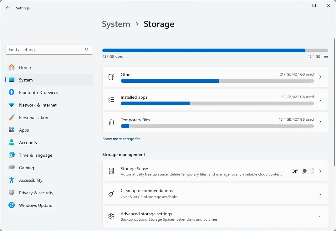 Activar el Sensor de almacenamiento para liberar espacio en Windows 10 y Windows 11