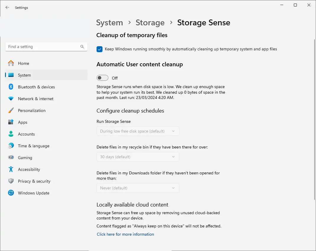 Configurar el Sensor de almacenamiento para limpiar solo archivos temporales en Windows 11