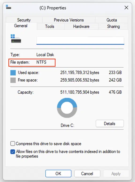 Finestra delle proprietà del disco che mostra il file system NTFS