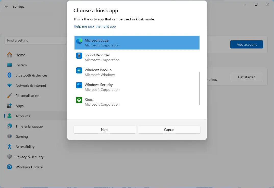 Choisissez l'application unique pour votre compte kiosque