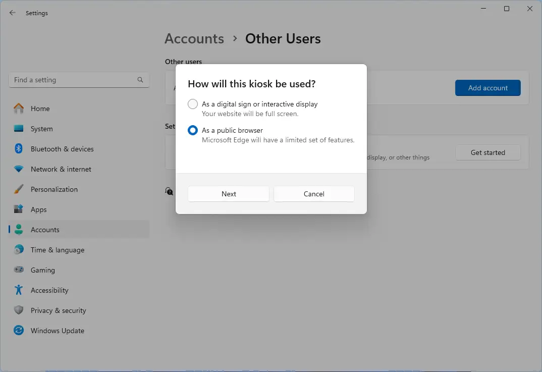 Configurez votre compte kiosque en tant que navigateur public