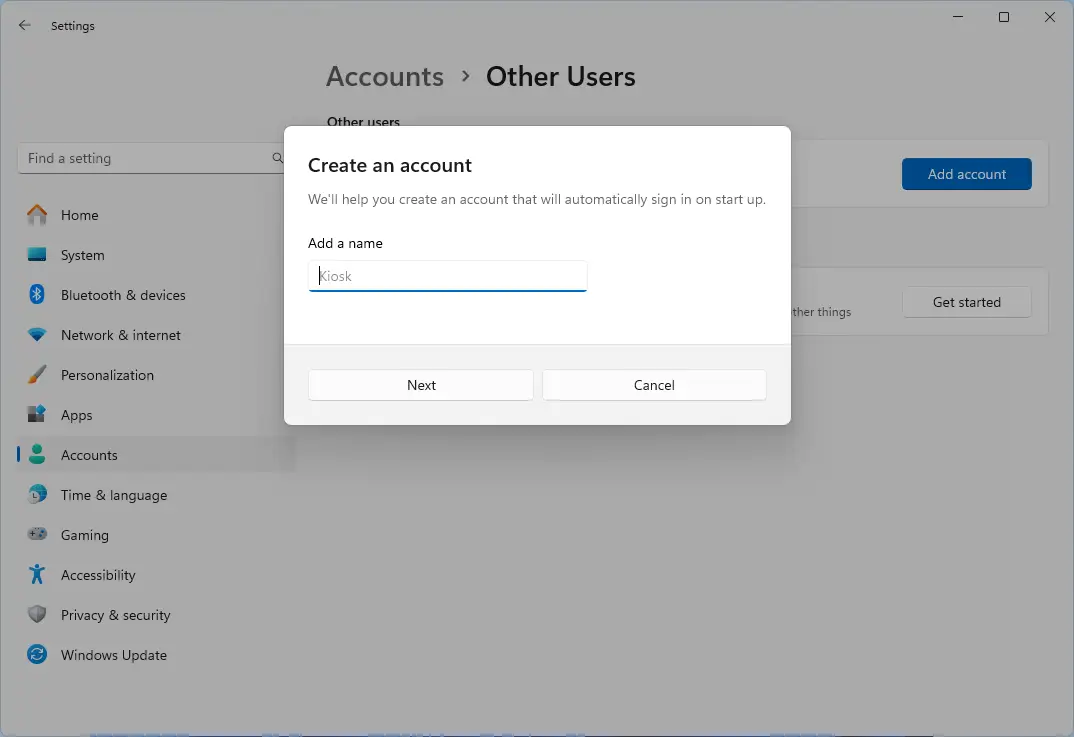 Créez un nom de compte pour votre compte kiosque