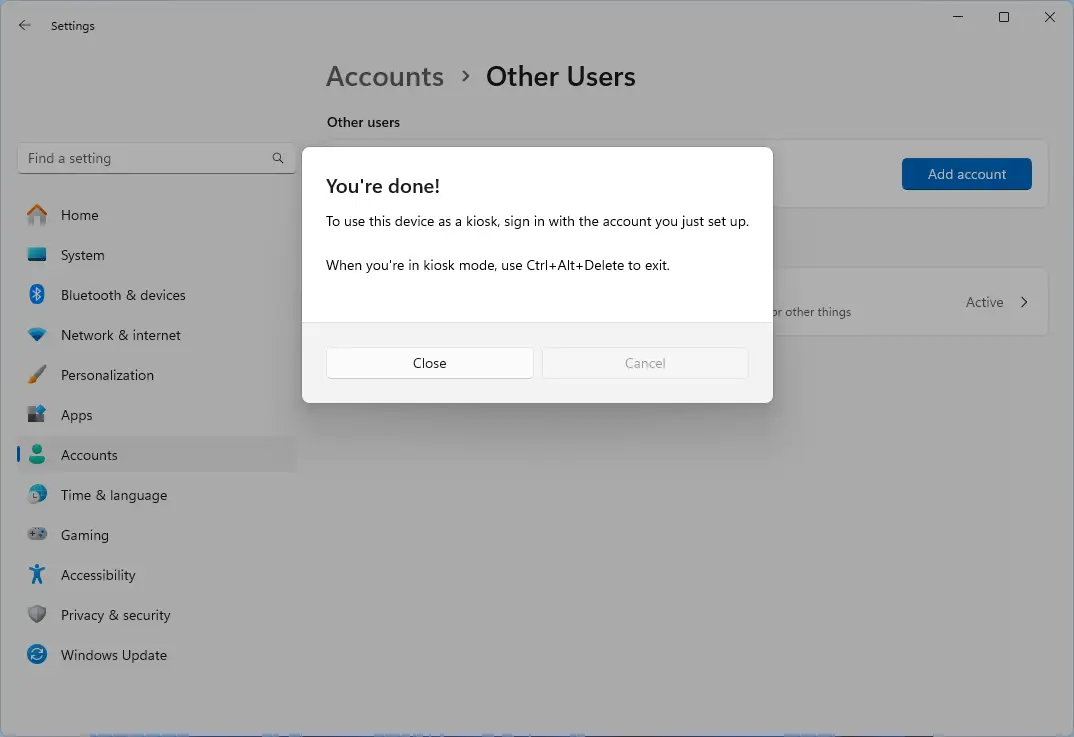 Appuyez sur Fermer et créez le compte à application unique