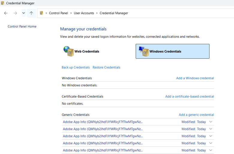 Opción Credenciales de Windows en el Administrador de credenciales