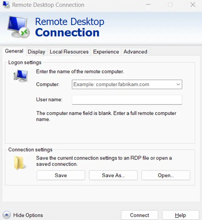 Configuración general de Conexión a Escritorio remoto