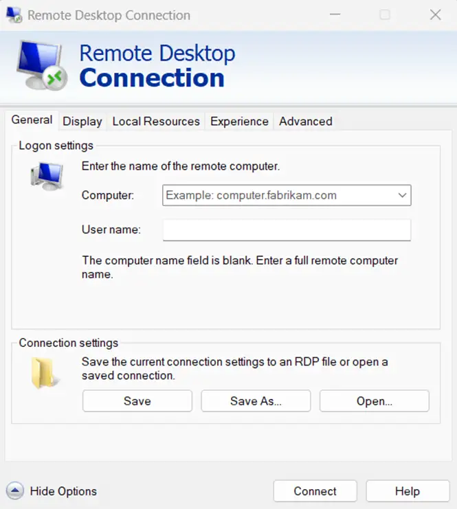 Fenster mit den allgemeinen Einstellungen der Remotedesktopverbindung