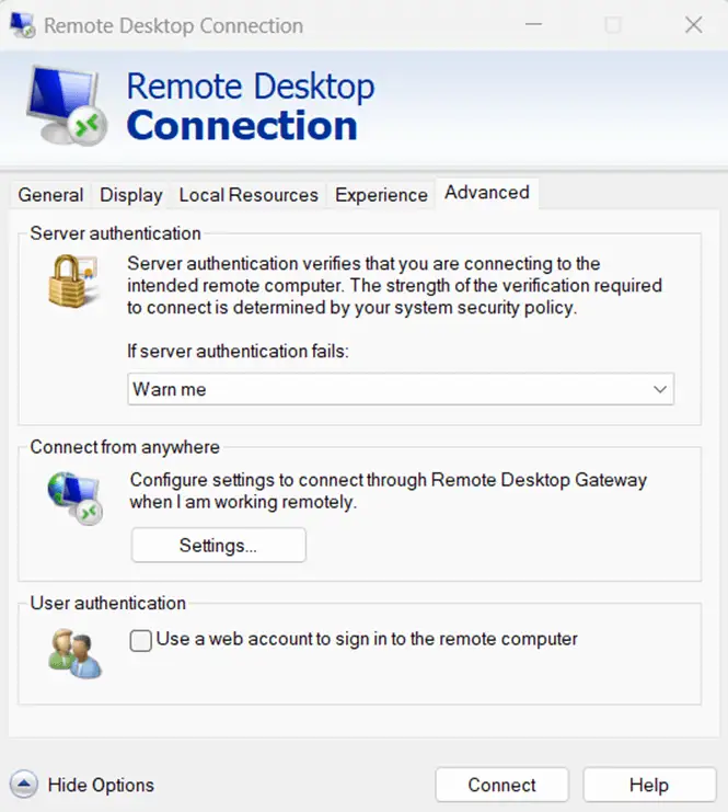Erweiterte Einstellungen der Remotedesktopverbindung
