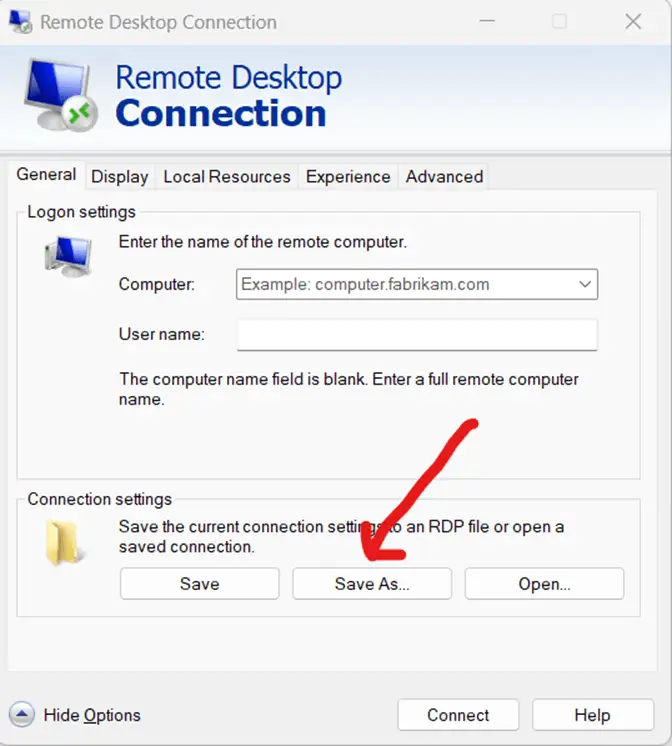 Verbindungseinstellungen im Fenster der Remotedesktopverbindung speichern