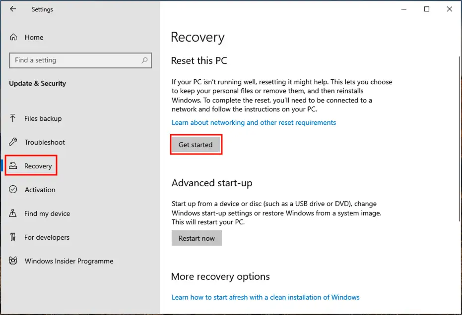 IU (interface utilisateur) des paramètres et de la récupération dans Windows