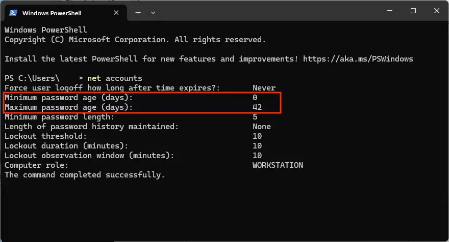 afficher les âges minimum et maximum des mots de passe actuellement configurés à partir de l'Invite de commande ou de PowerShell