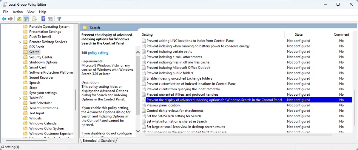 Locate the Prevent the display of advanced indexing options for Windows Search in the Control Panel setting