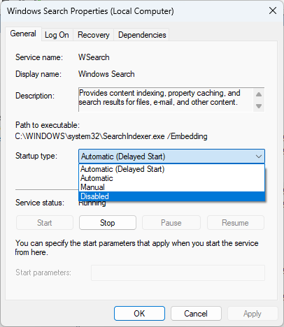 Right-click the Windows Search service and select Properties