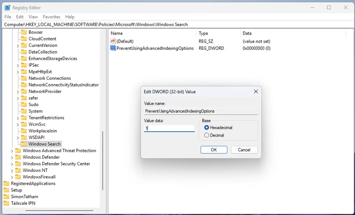 Double-click on the PreventUsingAdvancedIndexingOptions DWORD and set its value to 1