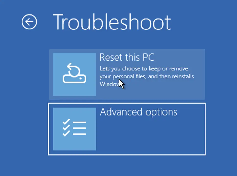 Sélectionner l'option Réinitialiser ce PC