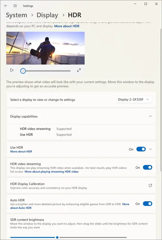 HDR window in Settings Menu
