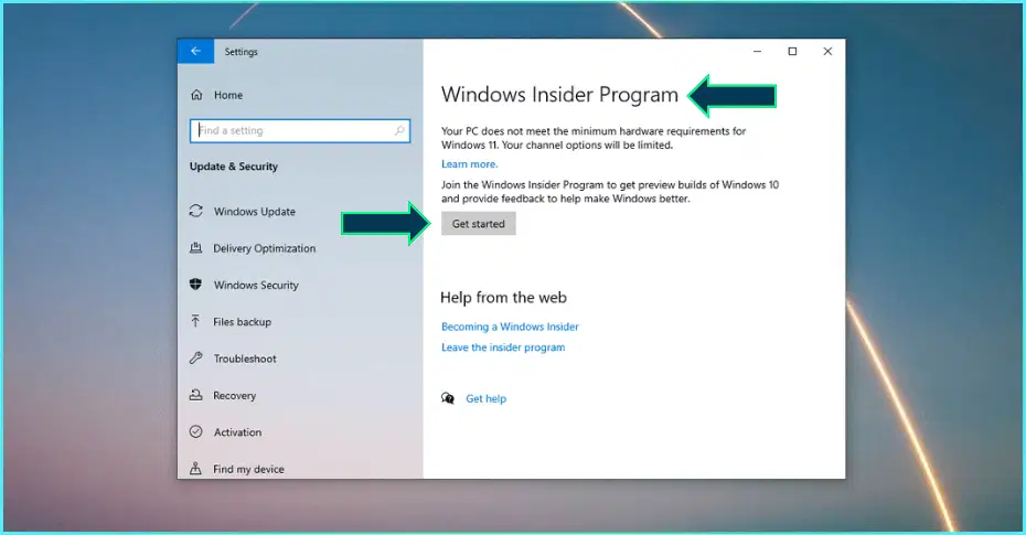 Fenêtre Paramètres, sélection du programme Windows Insider et clic sur Commencer