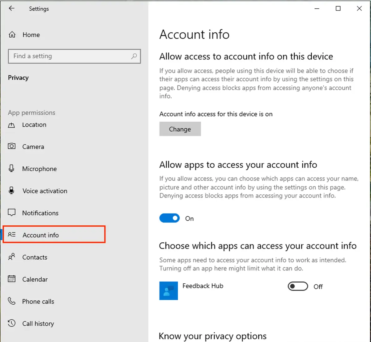 Cuadro de diálogo Información de la cuenta en Windows