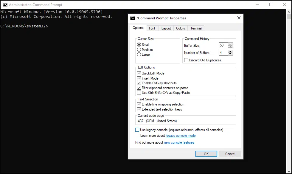 Command Prompt Properties dialog box